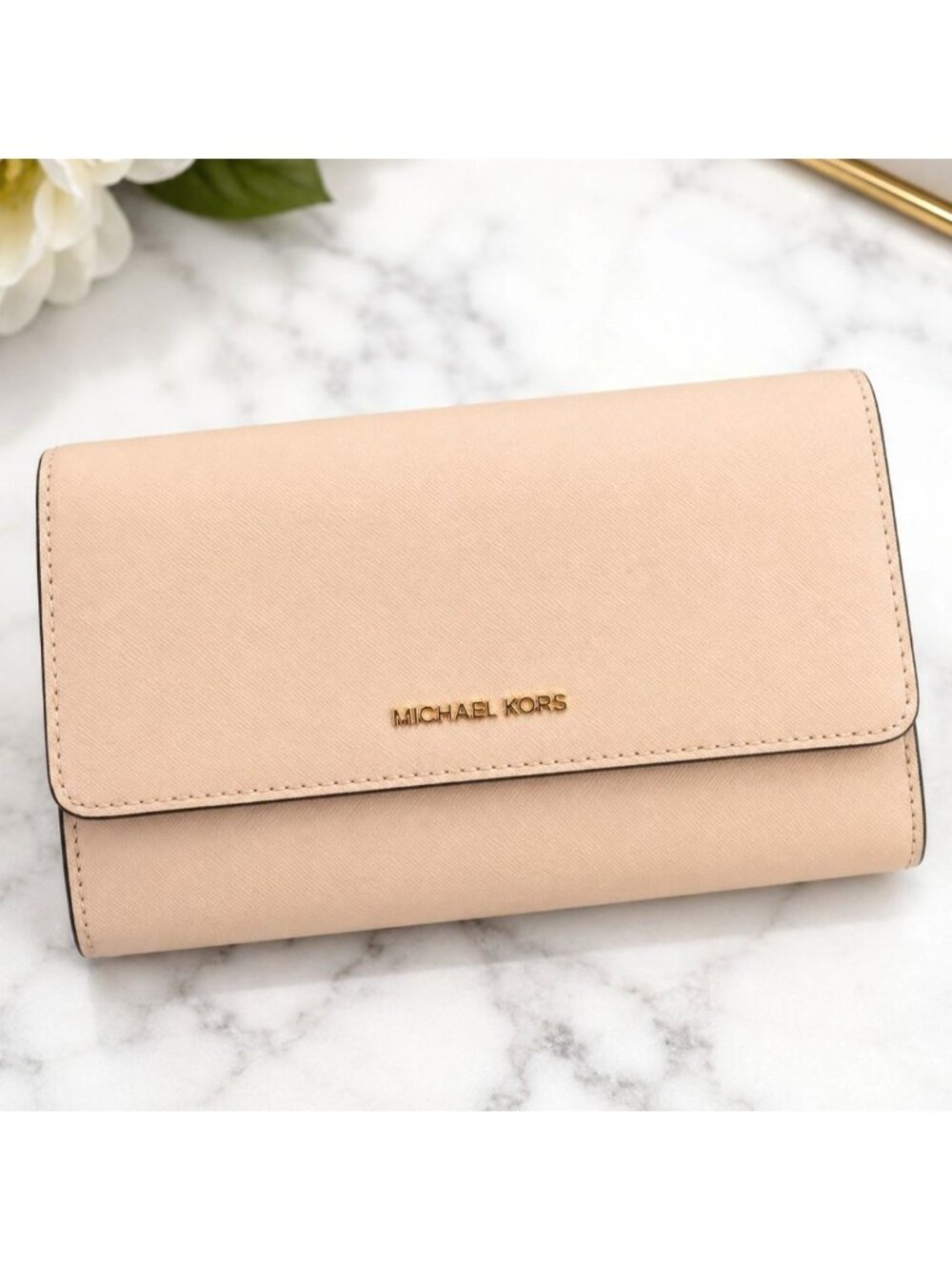 Michael Kors Blush Pink Tan Saffiano Leather Jet Set Wallet Crossbody Wristlet